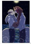 age_difference anthro beach blush countershading duo full_moon glistening_background hair hand_on_chest hands_on_waist kiss_on_lips kissing male male/male moon ponytail romantic romantic_couple size_difference sky sparkles star starry_sky text shinobiya nintendo pokemon entei_(shinobiya) windy_(shinobiya) arcanine entei generation_1_pokemon generation_2_pokemon legendary_pokemon pokemon_(species) absurd_res comic english_text hi_res