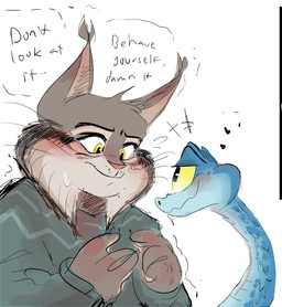 anthro blue_body blue_scales blush bodily_fluids dialogue duo feral fur grey_body grey_fur heart_symbol male scales sweat l_lunakoo disney zootopia gary_de'snake pawbert_lynxley canada_lynx felid feline lynx mammal pit_viper reptile scalie snake viper hi_res