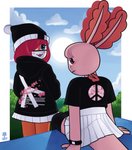 anthro bottomwear clothed clothing duo face_mask female fully_clothed hair hair_over_eye hoodie one_eye_obstructed peace_symbol shirt sitting skirt t-shirt topwear wazzaldorp real_axolotl_hours axey_(wazzaldorp) koi-chan amphibian amur_carp axolotl carp cyprinid cypriniform fish koi marine mole_salamander salamander typical_carp 2019 hi_res