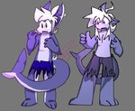 ambiguous_gender anthro blue_body blue_clothing blue_tail clothed clothing hair markings multicolored_body paws purple_eyes solo tail tail_markings topless torn_clothing two_tone_body two_tone_tail white_body white_hair white_tail hevinsane fish marine shark redraw signature