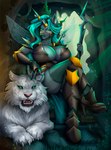 ambiguous_gender anthro armor boots breasts cleavage clothed clothing crossed_legs duo eyebrows eyelashes eyeshadow fangs female footwear green_eyebrows green_eyelashes green_eyes green_eyeshadow green_hair green_lips green_lipstick hair horn horn_jewelry horn_ring insect_wings jewelry lips lipstick looking_at_viewer makeup ring_(jewelry) sharp_teeth shoes sitting staff teeth whiskers wings ashimaroo friendship_is_magic hasbro my_little_pony fan_character venom_(darkstar239) arthropod changeling felid mammal pantherine tiger hi_res