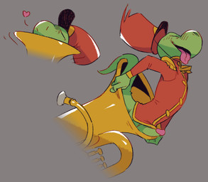 anthro biped blush brass_instrument clothed clothing erection eyes_closed genitals green_body headgear headwear heart_symbol male marching_band_uniform multiple_angles musical_instrument penis simple_background smile solo tongue tongue_out tuba tuba_vore uniform vore wind_instrument flookz timothyt lizard reptile scalie 2017 digital_media_(artwork)
