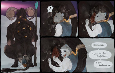 ambiguous_fluids anal anal_prolapse anthro big_butt bodily_fluids butt chain chain_leash clothed clothing crouching dark_body dark_fur deep_rimming dialogue duo exclamation_point fur hooves horn leash long_tail male male/male multi_eye musk musky_butt nude oral prolapse pubes_on_face rimming sex size_difference smile staff sweat tail text white_body white_fur yellow_eyes fanofthefurr elden_ring elden_ring_nightreign fromsoftware libra_creature_of_night bear bovid caprine caprine_demon demon mammal 2025 absurd_res comic english_text hi_res