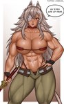 abs biceps bottomwear breasts clothing deltoids eye_patch eyewear female grey_hair hair muscular muscular_female obliques pants quads serratus solo cheekie mushoku_tensei ghislaine_dedoldia animal_humanoid cat_humanoid felid felid_humanoid feline feline_humanoid humanoid mammal mammal_humanoid 2023 hi_res