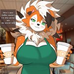 anthro apron apron_only beverage big_breasts blush breasts claws clothed clothing coffee dialogue fangs female fur green_eyes hair huge_breasts looking_at_viewer master milk neck_tuft orange_body orange_fur pokemorph smile solo suggestive teeth text tuft white_body white_fur white_hair wide_hips evaacii i_mean_breast_milk nintendo pokemon canid canine dusk_lycanroc generation_7_pokemon lycanroc mammal pokemon_(species) 1:1 2025 digital_media_(artwork) english_text hi_res meme