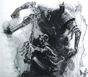 ambiguous_gender attack bone cannon clothed clothing construct duo fantasy gun holding_object holding_weapon horn magic magic_user medieval melee_weapon polearm ranged_weapon robe scroll skull staff sword tools weapon unknown_artist warhammer_(franchise) warhammer_fantasy boneripper thanquol grey_seer humanoid mammal murid murine ogre rat rat_ogre rodent skaven undead greyscale monochrome