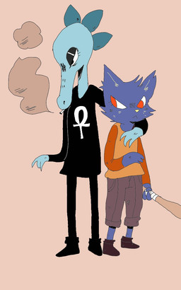 ambiguous_gender anthro arm_around_shoulders bat_(object) biped black_clothing blue_body blue_ears blue_fur bottomwear brown_clothing cigarette claws clothing duo eyelashes eyeshadow footwear fur holding_bat legwear makeup orange_clothing paws red_clothing red_eyes simple_background smoke standing tan_background teal_body teal_skin topwear white_clothing yellow_nose puppkittyfan1 night_in_the_woods bea_santello mae_borowski crocodile crocodilian domestic_cat felid feline felis mammal reptile scalie 2019 5:8 digital_drawing_(artwork) digital_media_(artwork) flat_colors hi_res