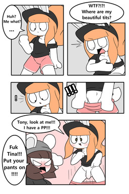 anthro balls beanie black_clothing black_hat black_headwear black_shirt black_topwear blush bottomwear bottomwear_down breasts brown_hair clothed clothing crossgender dialogue duo eyelashes female flaccid foreskin genitals grey_beanie grey_clothing grey_hat grey_headwear hair hat headgear headwear male navel orange_hair pants pants_down partially_clothed penis pink_bottomwear pink_clothing pink_shorts ponytail shirt short_tail shorts sparkles sparkling_eyes speech_bubble tail text topwear tonytoran tina_(tonytoran) tony_(tonytoran) chinchilla chinchillid lagomorph leporid mammal rabbit rodent absurd_res comic english_text hi_res