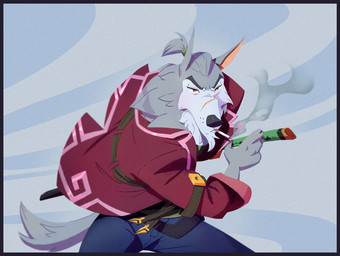 action_pose anthro beard blue_border border bottomwear cheek_tuft cigarette clothing coat facial_hair facial_scar facial_tuft fur grey_body grey_fur hair katana long_tail male melee_weapon multicolored_body multicolored_fur pants pointy_ears ponytail pose scar short_hair simple_background smoke smoking smoking_cigarette snout solo spread_legs spreading sword tail topwear tuft two_tone_body two_tone_fur weapon whiskers white_body white_fur yellow_eyes ruffu asukaru_(ruffu) canid canine canis mammal wolf digital_drawing_(artwork) digital_media_(artwork)