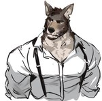 anthro beard black_nose brown_hair canid canine canis clothed clothing coyote dopq dress_shirt echo_(series) echo_project facial_hair hair hi_res male mammal muscular muscular_male scar shirt simple_background solo suspenders the_smoke_room tight_clothing topwear white_background william_adler