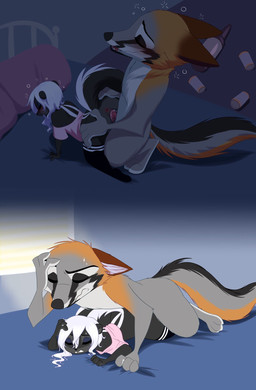 all_fours animal_genitalia animal_penis anthro anthro_on_anthro anthro_penetrated anthro_penetrating anthro_penetrating_anthro anus arched_back bed black_body black_fur bodily_fluids bottle can canine_genitalia canine_penis container cum cum_in_vagina cum_inside doggystyle drunk drunk_sex duo eyes_closed facial_markings female female_penetrated from_behind_position fur furniture genital_fluids genitals grey_body grey_fur head_markings hungover inside interspecies knot knotting looking_pleasured male male/female male_penetrating male_penetrating_female markings on_bed penetration penile penile_penetration penis penis_in_vagina pillow predator/prey sex substance_intoxication sweat sweatdrop vaginal vaginal_penetration white_body white_fur window skelly_doll diana_rayablanca miles_(milesupshur47) canid canine fox mammal mephitid skunk hi_res