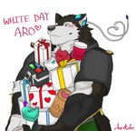 anthro black_nose blush brown_body brown_fur candy chocolate dessert food fur gift green_eyes heart_symbol holding_object letter male muscular muscular_anthro muscular_male ribbons simple_background smile solo text white_background cheotdo utau white_day aro_rouon canid canine canis mammal wolf english_text