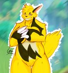 anthro claws female genitals hiding_breasts pussy slightly_chubby slightly_chubby_female solo thick_thighs notgreez palworld pocketpair grizzbolt pal_(species) hi_res