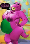 absurd_res anthro areola band1tnsfw barney_and_friends barney_the_dinosaur bedroom_eyes big_areola big_breasts bodily_fluids breasts colored_nails crossgender detailed_background dialogue digital_drawing_(artwork) digital_media_(artwork) dinosaur english_text eyelashes eyeshadow female hand_on_chest hand_on_hip hi_res lactating lips long_nails makeup markings milk nails narrowed_eyes nipples non-mammal_breasts non-mammal_nipples offscreen_character offscreen_male overweight portrait pregnant pregnant_female profanity reptile scalie seductive sexy_eyes solo spots spotted_markings talking_to_viewer text thick_lips thick_thighs yellow_lips yellow_nails