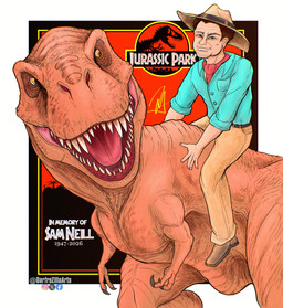 blue_clothing blue_shirt blue_topwear clothing duo fangs female hat headgear headwear male shirt sitting teeth text topwear darfrezillaarts jurassic_park universal_studios alan_grant sam_neill dinosaur human mammal prehistoric_species reptile saurischian scalie theropod tyrannosaurid tyrannosauroid tyrannosaurus tyrannosaurus_rex 2026 english_text hi_res