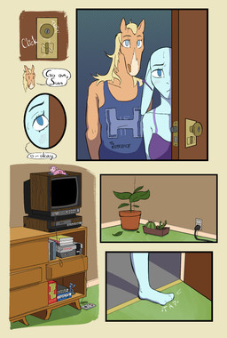 anthro barefoot blush blush_lines book breasts cactus cathode_ray_tube clothed clothing controller crt dialogue door door_handle doorknob doorway duo ear_piercing electrical_outlet electrical_plug electronics feet female fern floor fur furniture gaming_console gaming_controller industrial_piercing inside male piercing plant plushie television text topwear lost_andsafe halcyon_(series) sunflower_(halcyon) walker_(halcyon) bovid caprine equid equine horse lagomorph leporid mammal rabbit sheep 2025 absurd_res comic cyrillic_text digital_media_(artwork) english_text hi_res