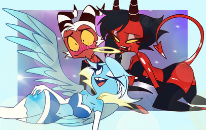 back_wings bedroom_eyes black_hair blonde_hair blue_body blue_feathers blue_hair blue_skin blush blush_lines bottomwear bow_tie clothing crop_top eyelashes feathered_wings feathers female freckled_face freckles glistening_eyelids group hair horn kneeling legwear long_eyelashes long_tail lying male markings miniskirt mole_(marking) narrowed_eyes on_side red_body red_skin seductive shirt skirt smile spade_tail spots spotted_arms spotted_markings spotted_tail suggestive_pose tail tail_markings thigh_highs topwear trio tube_top white_hair wide_eyed wings emositecc hellaverse helluva_boss millie_(helluva_boss) moxxie_(helluva_boss) angel angel_humanoid demon demon_humanoid humanoid imp colored hi_res