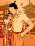 anthro asian_clothing bamboo belt canid canine clothing duo east_asian_clothing female fox hi_res human japan japanese_clothing juindalo kimono male mammal pagoda pregnant pregnant_anthro pregnant_female restricted_source romantic romantic_couple sun