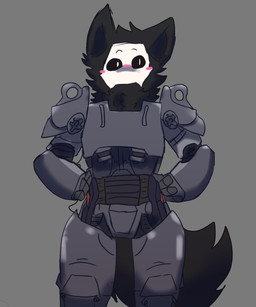 4_fingers anthro armor black_body black_fur black_sclera blush fingers fur grey_background machine male mask power_armor simple_background solo t-60_power_armor white_eyes white_mask snuffy_(artist) changed_(video_game) fallout microsoft puro_(changed) canid canine canis goo_creature mammal wolf 5:6 hi_res