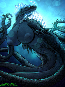 anthro bared_teeth big_breasts breasts bubble claws crystal female fin genitals glowing glowing_eyes huge_breasts plump_labia sea solo spikes spikes_(anatomy) teeth teeth_showing tentacles vulva water wide_hips znackyartz godzilla_(series) legendary_pictures monsterverse toho titan_x_(godzilla) titan_x_(kaiju) aquatic kaiju monster sea_monster 3:4 digital_media_(artwork) hi_res procreate_(artwork)