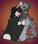 anthro areola bite_mark bite_mark_on_neck black_hair blood blood_on_mouth blush bodily_fluids breasts butt duo fangs female fur gradient_background grey_areola grey_body grey_fur grey_nipples hair male male/female nipples nude simple_background teeth white_butt kittydee bat canid canine mammal 2022 artist_name dated digital_media_(artwork) hi_res