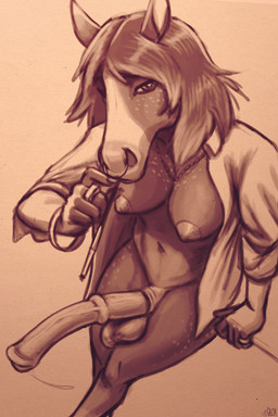 anatomically_correct anatomically_correct_genitalia anatomically_correct_penis animal_genitalia animal_penis anthro areola balls bangle big_penis biped bodily_fluids bottomless bracelet breasts cigarette cigarette_holder clothed clothing dripping equine_genitalia equine_penis erection facial_piercing genital_fluids genitals gynomorph gynomorph_anthro intersex intersex_anthro jewelry leaning medial_ring necklace nipples nose_piercing nose_ring open_clothing open_shirt open_topwear penis piercing precum precum_drip ring ring_piercing septum_piercing septum_ring sheath shirt shirt_only smoking smoking_cigarette solo topwear topwear_only glopossum bronwynn_(glopossum) equid equine horse mammal 2025 digital_media_(artwork) hi_res monochrome sepia sketch trans_(lore) trans_woman_(lore)