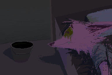 ambiguous_gender anthro bed bucket clothed clothing container detailed_background fur furniture grey_clothing grey_shirt grey_t-shirt grey_topwear lying on_side pillow pink_body pink_fur sad shirt solo t-shirt topwear demensa canid canine canis mammal wolf 2019 3:2 digital_media_(artwork) pixel_(artwork)