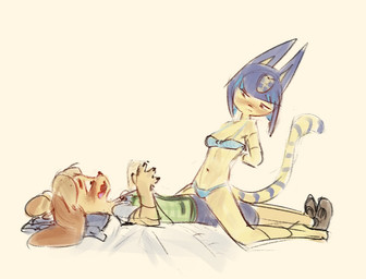 anthro blonde_hair blue_bra blue_clothing blue_hair blue_panties blue_underwear blush bottomwear bra clothing duo female female/female footwear fur green_clothing green_topwear hair navel nervous on_top panties pillow removing_bra shoes skirt tail topwear underwear undressing white_clothing white_topwear yellow_body yellow_fur trashyy_noway animal_crossing nintendo ankha_(animal_crossing) isabelle_(animal_crossing) canid canine canis domestic_cat domestic_dog felid feline felis mammal shih_tzu toy_dog