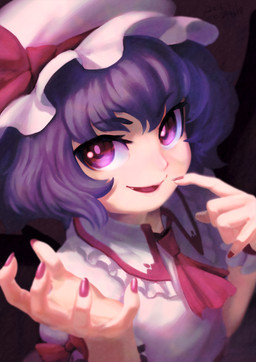 5_fingers alternative_fashion bonnet clothed clothing fangs female fingers hair hat headgear headwear j-fashion lips lolita_(fashion) long_nails nails not_furry open_mouth purple_hair sailor_lolita short_hair smile solo teeth wings reis94618 touhou remilia_scarlet humanoid vampire 2016 absurd_res hi_res icon