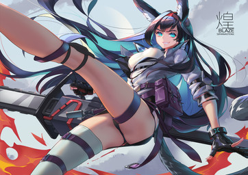 black_hair blue_eyes breasts chainsaw clothing cloud female gloves hair handwear jacket long_hair looking_at_viewer nipple_outline outside power_tool smile solo tools topwear sima_naoteng arknights hypergryph studio_montagne blaze_(arknights) animal_humanoid cat_humanoid felid felid_humanoid feline feline_humanoid humanoid mammal mammal_humanoid 2019