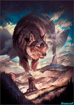 ambiguous_feral ambiguous_gender brown_body brown_eyes brown_fur claws cloud detailed_background feral forest fur grey_body grey_fur macro_feral mountain multicolored_body multicolored_fur paws plant quadruped sky solo tail toe_claws tree whiskers white_body white_fur bubblewolf footpad_(character) canid canine canis mammal wolf 2026 digital_media_(artwork) hi_res