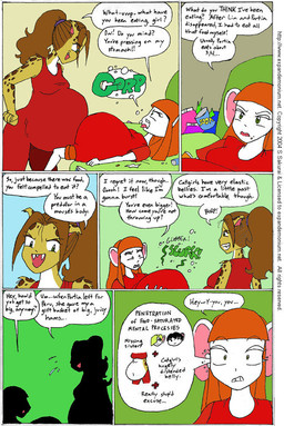 after_vore anthro belly big_belly clothing dress duo female fur hair inside orange_hair overweight red_clothing red_dress red_shirt red_topwear shirt speech_bubble text topwear vore white_body white_fur yellow_body yellow_fur s.sakurai felid leopard mammal mouse murid murine pantherine rodent 2004 comic english_text