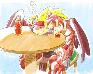 accessory alcohol anthro beverage biceps big_muscles blonde_hair clothing drunk eyes_closed furniture hair headband horn liquid liquor male muscular muscular_anthro muscular_male quads red_body red_skin simple_background solo spikes stool substance_intoxication table triceps wide_hips wings kurogon mythology dragon mythological_creature mythological_scalie reptile scalie 5:4