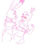 anthro blush duo ears_up female female/female gesture hand_under_chin holding_arm interrobang simple_background suggestive suggestive_gesture tongue tongue_out white_background spoof_(artist) disney zootopia judy_hopps mrs._otterton lagomorph leporid lontra mammal mustelid north_american_river_otter otter rabbit river_otter monochrome pink_and_white sketch