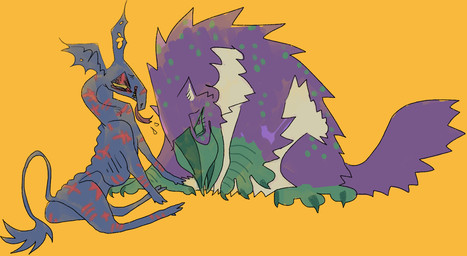 ambiguous_gender arm_scar beak blue_body blue_skin duo feral fur green_beak green_sclera green_scutes head_wings leg_scar purple_body purple_fur purple_tail scar scutes simple_background sitting smile tail tail_tuft tan_body tan_fur tongue tongue_out tuft unusual_wing_placement wings yellow_background guncht avian bird mammal