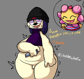 anthro clothed clothing dark_clothing female femboy feminine genitals male male/female micropenis no_underwear pantsless partially_clothed penis small_penis thick_thighs clovedex parappa_the_rapper sony_corporation sony_interactive_entertainment parappa sunny_funny canid canine canis domestic_dog mammal