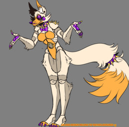 5_fingers accessory anthro black_sclera claws collar ear_piercing eyeshadow female fingers fur furgonomics grey_body grey_fur half-closed_eyes inner_ear_fluff jewelry long_tail looking_at_viewer machine makeup multicolored_body multicolored_fur narrowed_eyes orange_body orange_fur orange_inner_ear pawpads piercing purple_cheeks purple_claws purple_nose purple_pawpads ring smile smirk solo speaker spiked_collar spikes standing tail tail_accessory tail_jewelry tail_ring tuft whiskers white_body white_eyes white_fur yellow_claws teethflavoured five_nights_at_freddy's five_nights_at_freddy's_world scottgames sister_location lolbit_(fnaf) animatronic canid canine fox mammal robot
