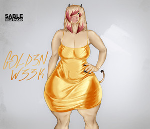 anthro blue_eyes clothing ear_piercing ear_ring female fur gold_dress hair hair_over_eye hand_on_hip highlights_(coloring) hoof_hands horn long_ears long_hair looking_at_viewer photo_shoot piercing ring_piercing simple_background solo standing tail teats text thick_thighs udders white_background yellow_body yellow_fur g0ni25 golden_week sable_(g0ni25) bovid bovine cattle mammal absurd_res hi_res signature