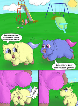 ambiguous_gender baby_talk blue_body blue_eyes blue_fur breastfeeding brown_hair cloud dialogue female feral fur grass group hair ladder orange_body orange_fur pink_body pink_fur plant playground purple_eyes purple_hair red_body red_fur slide sun swing teats text yellow_body yellow_fur young young_feral mistahgreybunny_75 fluffy_pony fluffy_pony_(species) mammal absurd_res english_text hi_res