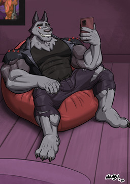3_toes 5_fingers anthro barefoot bean_bag black_nose blind_eye bottomwear cellphone clothing electronics eye_scar facial_scar fangs feet fingers fur grey_body grey_fur grin hindpaw humanoid_hands jacket leather leather_clothing leather_jacket leather_topwear male muscular muscular_anthro muscular_male pants paws phone red_sclera scar shirt sitting smartphone smile solo teeth toes topwear torn_bottomwear torn_clothing torn_pants white_eyes nanbuskhan hellaverse helluva_boss mythology vortex_(helluva_boss) canid canid_demon canine demon hellhound mammal mythological_canine mythological_creature hi_res