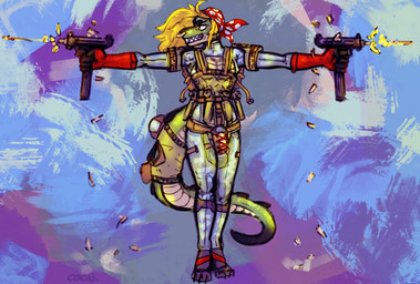 accessory ammo_pouch anthro armor bag bandanna_on_forehead bandanna_scarf bulge bulletproof_vest clothed clothing crotchless_clothing facial_piercing femboy firing_weapon furgonomics gloves green_body gun handwear holding_gun holding_object holding_ranged_weapon holding_weapon male mini_uzi muzzle_flash nose_piercing nose_ring partial_nudity piercing ranged_weapon ring_piercing shooting shooting_gun smile solo submachine_gun tactical tactical_gear tail tail_accessory tail_bag weapon cool. kj_(tasla_venhyle) crocodile crocodilian reptile scalie digital_media_(artwork) hi_res