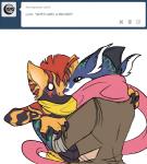 amphibian anthro anthrofied ask_blog beelzemon_(artist) clothed clothing duo embrace english_text fan_character gael_the_scrafty generation_5_pokemon generation_6_pokemon greninja hug kissing luce_the_greninja male male/male nintendo o_o pokemon pokemon_(species) pokemorph scarf scrafty surprise text tongue tongue_out topless user_avatar
