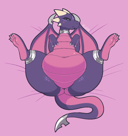 bed belly big_belly blush blush_lines claws female feral furniture horn navel on_bed overweight pink_body pink_scales pink_tail pink_wings presenting_belly purple_body purple_scales purple_tail purple_wings scales slightly_chubby slightly_chubby_female solo spread_legs spreading tail thick_thighs white_horn wide_hips wings conditional_dnp welwraith activision mythology spyro_the_dragon cynder dragon mythological_creature mythological_scalie scalie 2023 aliasing binary_drawing digital_drawing_(artwork) digital_media_(artwork) hi_res watermark