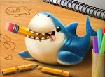 ambiguous_gender blue_body blue_scales feral green_eyes grin notebook pencil_(object) scales smile solo teeth text white_body white_scales piper_thibodeau cool_s fish marine shark 2023 digital_media_(artwork) digital_painting_(artwork) english_text