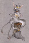 anthro breasts choker crossed_legs ear_piercing female gold_(metal) gold_jewelry jewelry markings mole_(marking) mole_under_eye necklace nude piercing simple_background sitting sitting_on_stump solo tree_stump fuchs out-of-placers vesaria mammal yinglet absurd_res hi_res traditional_media_(artwork)