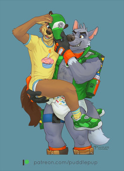 ageplay anthro baby_bottle backpack biped birthday black_nose blue_background brown_body brown_fur brown_nose carrying_another clean_diaper clothed clothing collar costume diaper diaper_under_clothing diaper_under_onesie dipstick_tail footwear fur green_clothing green_footwear green_hat green_headwear green_shoes green_sneakers grey_body grey_fur hat headgear headwear infantilism male markings onesie open_mouth open_smile roleplay shoes simple_background smile sneakers tail tail_markings text wearing_diaper puddlepup paw_patrol rocky_(paw_patrol) canid canine canis domestic_dog mammal mixed_breed 2020 digital_media_(artwork) english_text signature url