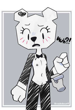 anthro black_bottomwear black_clothing black_pants blush blush_lines bottomwear bow_tie breasts clothing exposed_chest eyelashes female female_anthro fist flat_chested genitals heart_(marking) heart_symbol looking_at_self markings nipples pants paper pose raised_fist raised_hand simple_background sleeves solo suit_jacket text vulva white_body young young_anthro young_female krackdown9 cartoon_network the_amazing_world_of_gumball teri_(tawog) animate_inanimate bear mammal paper_creature digital_media_(artwork) english_text hi_res