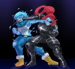 anthro armor breasts clothing duo female fight hair long_hair navel punch punching_face thick_thighs torn_clothing anonymous_artist thedarkzircon undertale_(series) undertale_yellow martlet_(undertale_yellow) undyne avian bird fish marine absurd_res hi_res