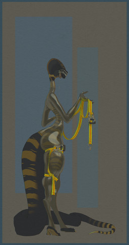 ambiguous_anthro ambiguous_gender anthro bdsm big_butt black_body blindfold blue_background bodily_fluids brown_background brown_body butt clothing drooling gag gagged latex latex_clothing latex_skinsuit long_tail looking_at_viewer ratchet_strap ring_gag saliva simple_background skinsuit slim small_waist snake_hood solo standing straps striped_body stripes tail thick_thighs tight_clothing translucent translucent_clothing translucent_latex wide_hips blushing_yokai cobra reptile scalie snake 2023 absurd_res hi_res