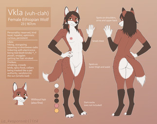 anthro breasts digitigrade female freckled_arms freckled_hips freckled_legs freckled_shoulders freckled_thighs freckles front_view fur genitals gesture hair hand_on_hip looking_at_viewer nipples nude paws rear_view simple_background small_breasts smile solo spots standing tail text vulva waving la_responsabilite vkla canid canine canis ethiopian_wolf mammal absurd_res english_text full-length_portrait hi_res model_sheet portrait